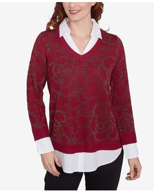 Ruby Rd. Petite Metallic Floral Layered Shirt Collar V-neck Sweater