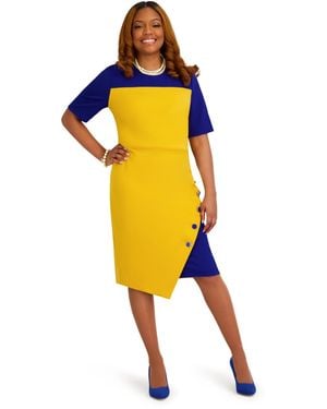 Kasper Short-sleeve Crewneck Colorblocked Midi Dress - Yellow