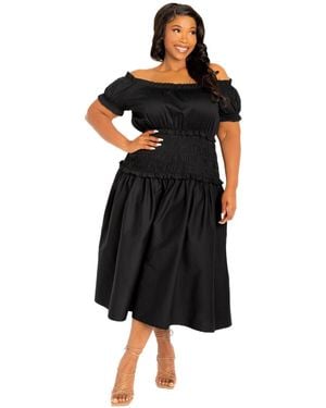 Buxom Couture Plus Size Off Shoulder Smocked Midi Dress - Black