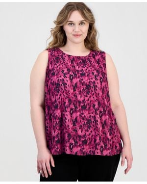 Kasper Plus Size Crewneck Sleeveless Pleated Blouse - Red