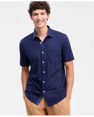 Club Room Solid Short-sleeve Button-up Knit Shirt - Blue