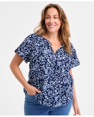 Style & Co. Plus Size Printed Flutter-sleeve Top - Blue