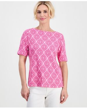 Style & Co. Petite Printed Boat-neck Elbow-sleeve Top - Pink