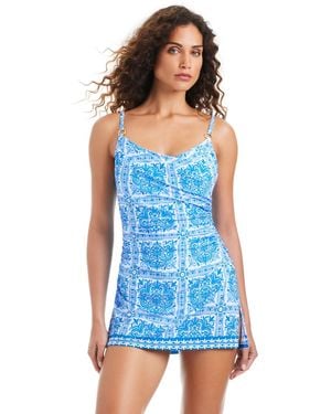 Beyond Control Over-the-shoulder Scoop Neck Swim Dress - Blue