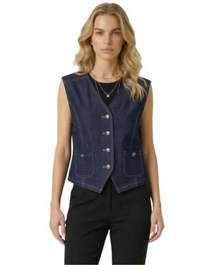 Modenaire Denim Button-front Patch Pocket Vest - Blue