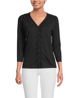 Lands' End 3/4 Sleeve Slub V-neck Lace Trim Top - Black
