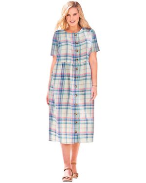 Woman Within Plus Size Short-sleeve Seersucker Dress - Blue