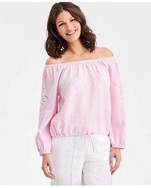 Charter Club 100% Linen Tile On-off-shoulder 3/4-sleeve Top - Pink