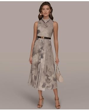Donna Karan Dot Print Tie Neck A Line Dress in Brown | Lyst