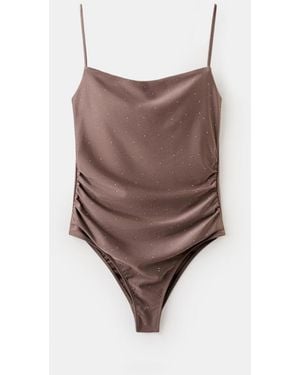 Mango Ruched Rhinestone Swimsuit - Natural