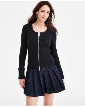 BarIII Zip-front Ribbed-knit Sweater - Black