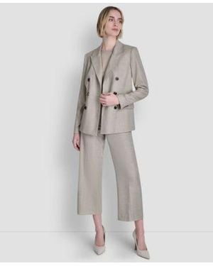 DKNY Windowpane Melange Double Breasted Jacket Cropped Pant Woven Sleeveless Blouse - White
