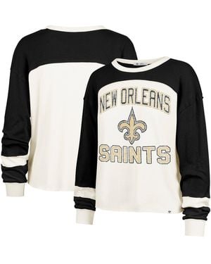 '47 New Orleans Saints Double Header Curve Raglan Long Sleeve Crop Top - Black