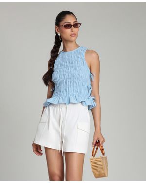 Avec Les Filles Ruched Side-tie Crewneck Top - Blue
