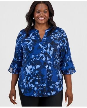 Kasper Plus Size Split-neck Printed Flutter-sleeve Top - Blue