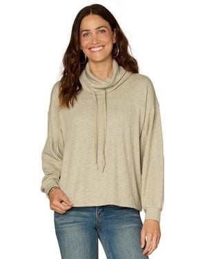 Democracy Petite Cowl Neck Ties Mix Media Knit Top - Natural