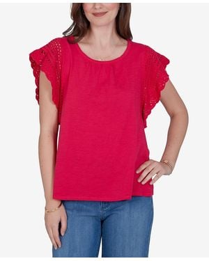 Ruby Rd. Petite Crochet Sleeve Solid Cotton Blouse - Red