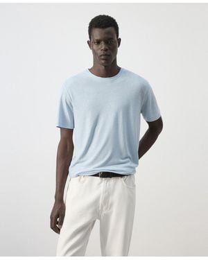 Mango Slim-fit Linen-blend T-shirt - Blue