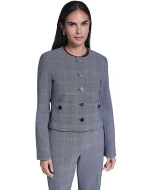 Calvin Klein Cropped Plaid Collarless Jacket - Blue