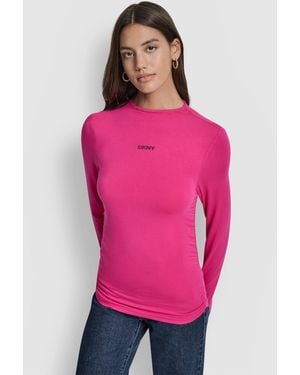 DKNY Side Ruched High Neck Long Sleeve Top With Rhinestud Logo - Pink