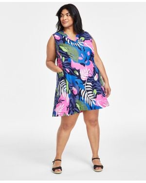 Charter Club Plus Size 100% Linen Printed Split-neck Dress - Blue