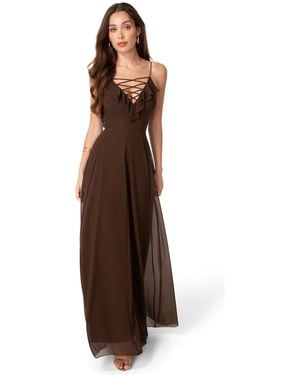 Bebe Lace Up Ruffle Chiffon Maxi Dress - Brown