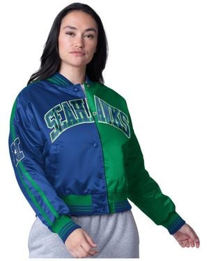 Starter College Navy/neon Green Seattle Seahawks Zone Blitz Cropped Full-snap Satin Jacket - Blue