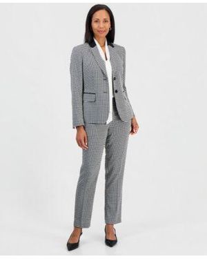 Kasper Sleeveless Tie Neck Embellished Blouse Houndstooth Two Button Blazer Mid Rise Straight Leg Pants - Gray