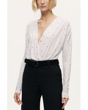 Nocturne Embellished V-neck Long-sleeve Bodysuit - White