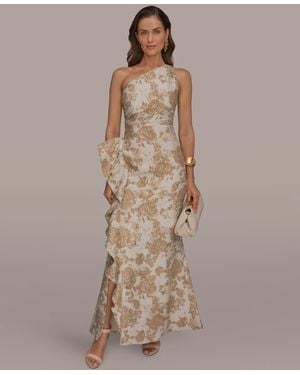 Donna Karan One Shoulder Side Ruffle Gown - Brown