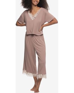 Felina Regular Amelie Jersey Vintage Lace Crop Tee Crop Wide Leg Pants - Natural