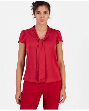 BarIII Satin Tie-neck Flutter-sleeve Short-sleeve Blouse - Red