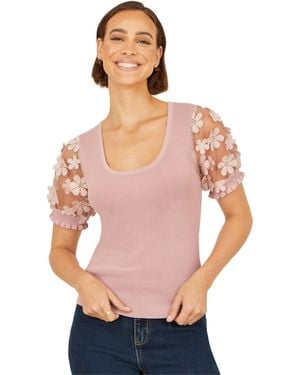 Yumi' Floral Applique Knitted Top - Gray