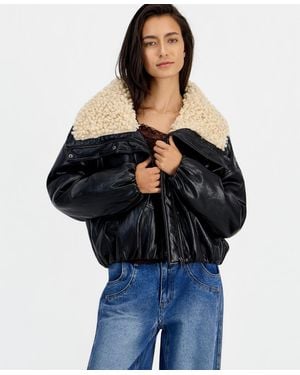 And Now This Sherpa-lined Faux Leather Moto Bomber Jacket - Black