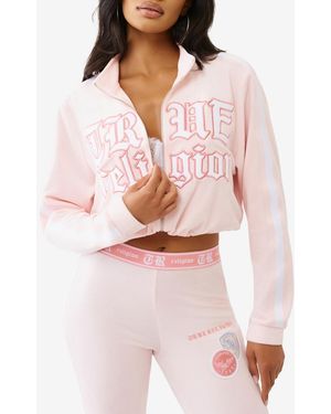 TRUE RELIGION Cropped Velour Track Zip Up Hoodie - Pink