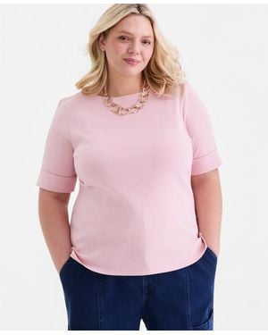 Style & Co. Plus Size Boat-neck Elbow Sleeve Cotton Top - Pink