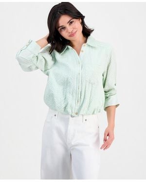 Democracy Petite Smocked Collar Bubble-hem Striped Collared Shirt - Blue