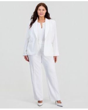 Kasper Plus Size Pearl Trim Shawl Collar Blaze Sleeveless Pearl Trim Blouse High Rise Straight Leg Pants - White