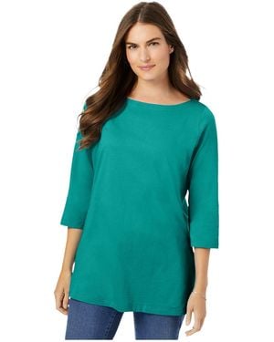Woman Within Within Perfect Three-quarter Sleeve Boatneck Tee - Green