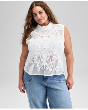 And Now This Trendy Plus Size Cotton Crochet Mock Neck Sleeveless Top - Blue