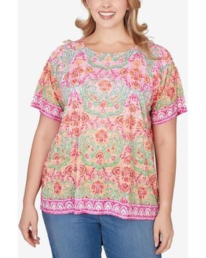 Ruby Rd. Plus Size Floral Damask Print Knit Top - Red