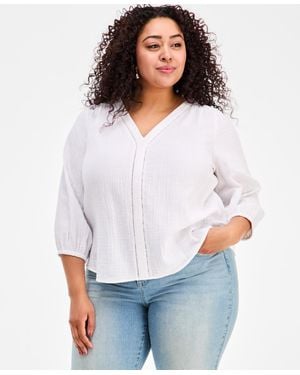Style & Co. Plus Size Cotton Gauze V-neck 3/4-sleeve Blouse - White