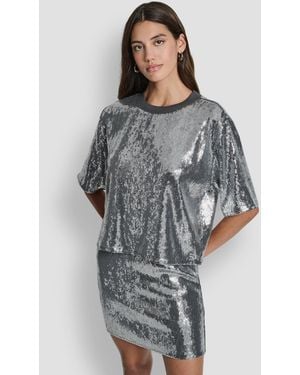 DKNY Sequins Crewneck Boxy Short-sleeve Relaxed T-shirt - Gray