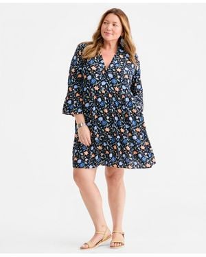 Style & Co. Plus Size Printed V-neck 3/4-sleeve Tiered Dress - Blue