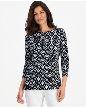 Style & Co. Laurel Tile 3/4-sleeve Boat Neck Pima Cotton T-shirt - Black