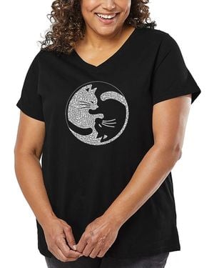 LA Pop Art Plus Size Yin Yang Cat Word Art V-neck T-shirt - Black