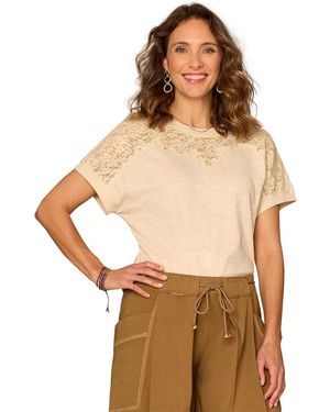 Democracy Petite Lace-trim Crewneck Knit Top - Natural
