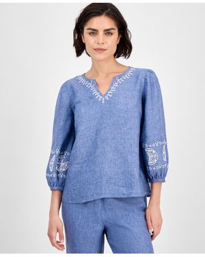 Charter Club Embroidered Woven 100% Linen Eyelet Top - Blue