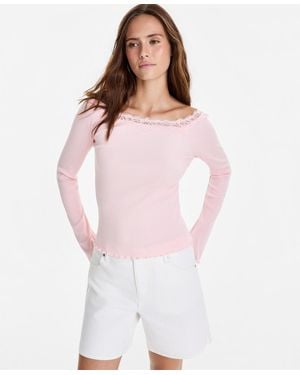 And Now This Lace-trim Boat-neck Long-sleeve Top - Multicolor