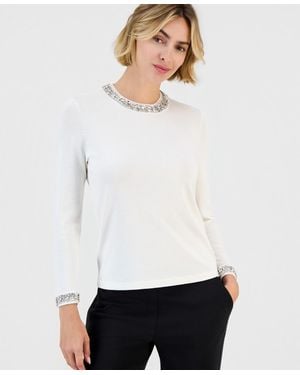 Anne Klein Embellished Crewneck Sweater - White